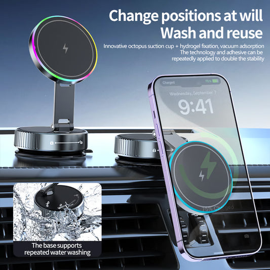 Magnetic Car Phone Holder with 15W Wireless Charging & Multi-Angle Rotation
